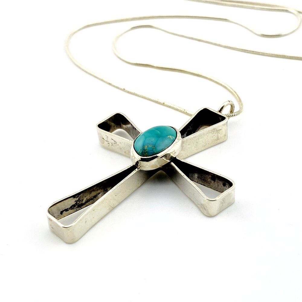 Large Modernist Sterling Silver Turquoise Cross Pendant Necklace Artisan Made - Picture 2 of 7